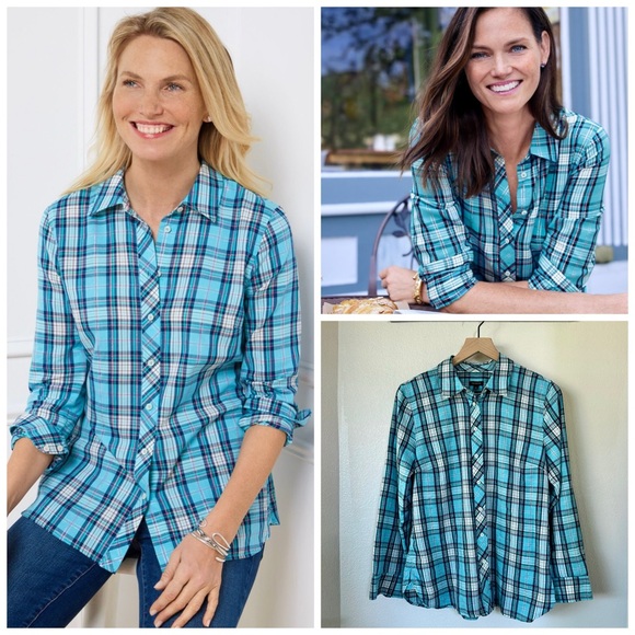 TALBOTS M S Festive Plaid Cotton Button Front Shirt • Dark Turquoise Metallic - Picture 1 of 11
